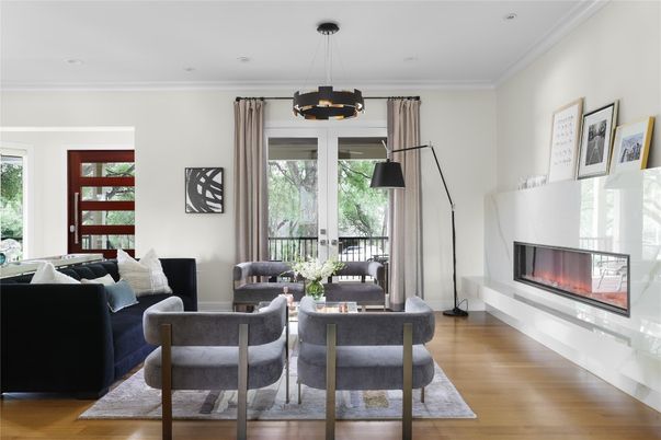 Dining room, Fireplace, Interior, Living room, Pendant Lights, Recessed Lighting, Wood Texture Flooring