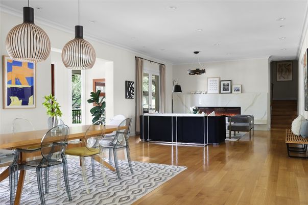 Dining room, Fireplace, Interior, Living room, Pendant Lights, Recessed Lighting, Wood Texture Flooring