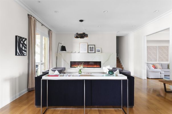 Fireplace, Interior, Living room, Pendant Lights, Recessed Lighting, Wood Texture Flooring