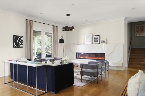 Fireplace, Interior, Living room, Pendant Lights, Recessed Lighting, Wood Texture Flooring
