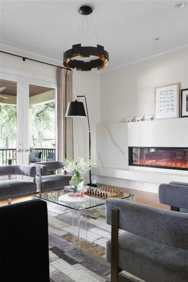 Fireplace, Interior, Living room, Pendant Lights, Recessed Lighting, Wood Texture Flooring