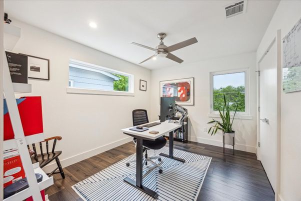 Home Office, Interior, Recessed Lighting, Wood Texture Flooring