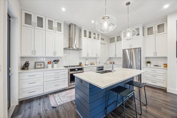 Interior, Kitchen, Pendant Lights, Recessed Lighting, Stainless Steel Appliances, Wood Texture Flooring
