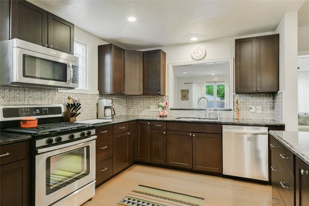 Interior, Kitchen, Recessed Lighting, Stainless Steel Appliances, Wood Texture Flooring