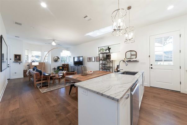 Dining room, Interior, Kitchen, Living room, Pendant Lights, Recessed Lighting, Wood Texture Flooring