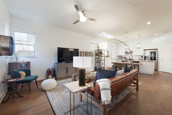 Interior, Kitchen, Living room, Pendant Lights, Recessed Lighting, Stainless Steel Appliances, Wood Texture Flooring