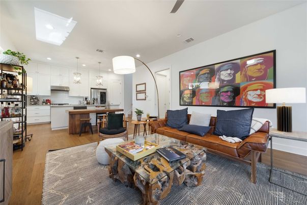 Dining room, Interior, Kitchen, Living room, Pendant Lights, Recessed Lighting, Stainless Steel Appliances, Wood Texture Flooring