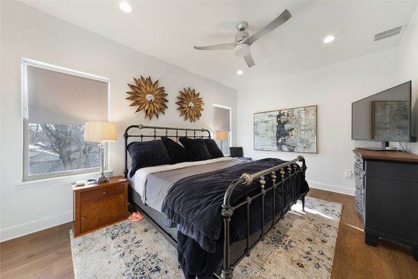 Bedroom, Interior, Recessed Lighting, Wood Texture Flooring