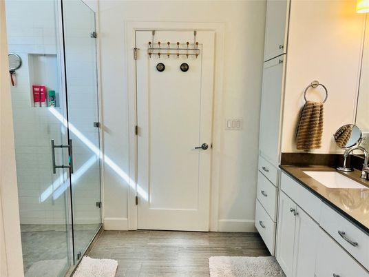 Bathroom, Glass Shower, Interior, Wood Texture Flooring