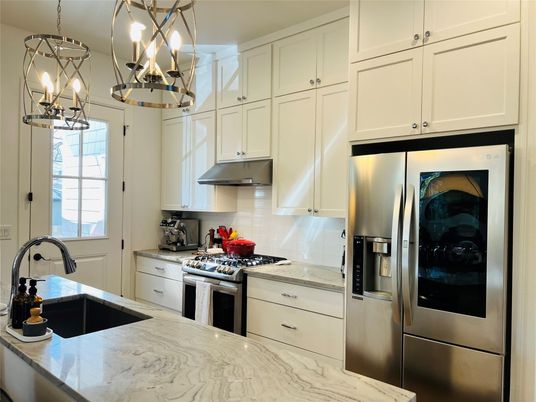Chandelier, Interior, Kitchen, Stainless Steel Appliances