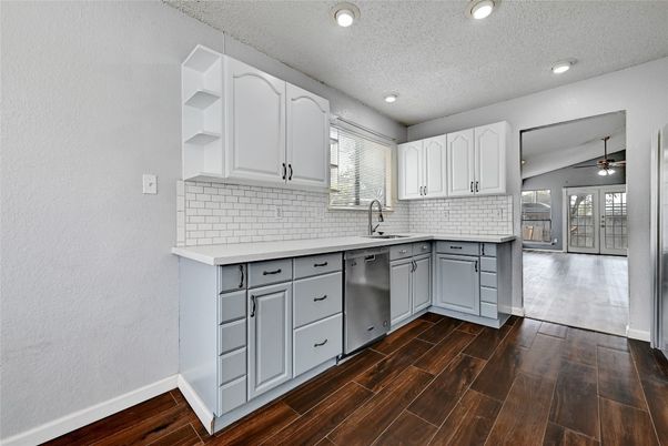 Interior, Kitchen, Recessed Lighting, Wood Texture Flooring