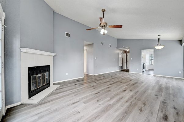 Empty room, Fireplace, Interior, Pendant Lights, Wood Texture Flooring