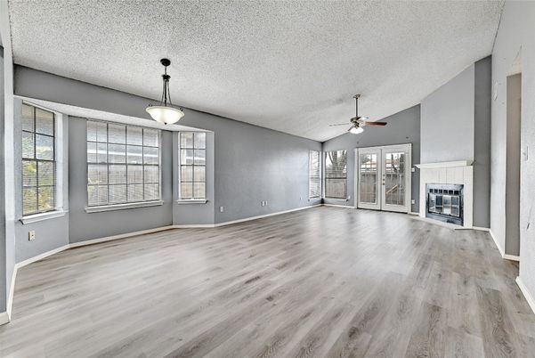 Empty room, Fireplace, Interior, Pendant Lights, Wood Texture Flooring