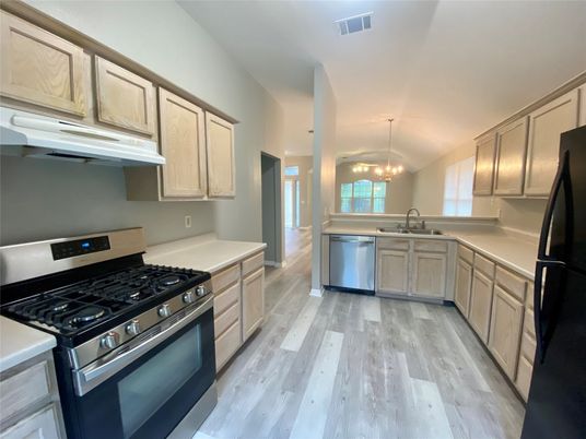 Chandelier, Interior, Kitchen, Pendant Lights, Stainless Steel Appliances, Wood Texture Flooring
