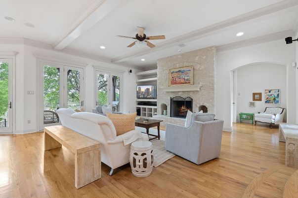 Fireplace, Interior, Living room, Recessed Lighting, Wood Texture Flooring