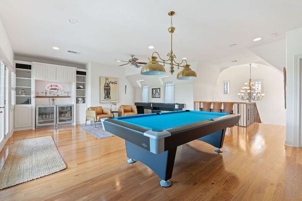 Billiard Table, Chandelier, Game Room, Interior, Recessed Lighting, Wood Texture Flooring