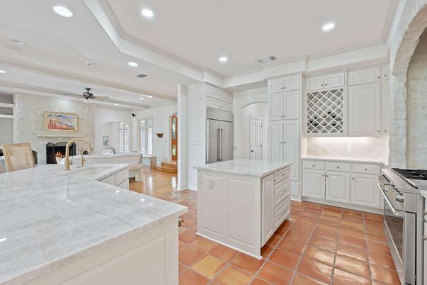 Fireplace, Interior, Kitchen, Recessed Lighting, Stainless Steel Appliances