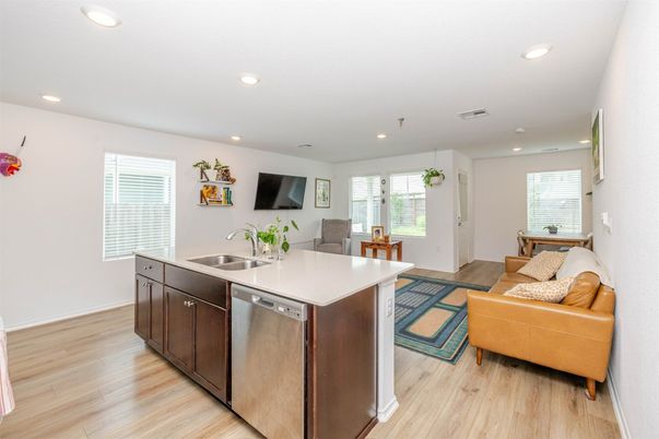 Dining room, Interior, Kitchen, Living room, Recessed Lighting, Wood Texture Flooring