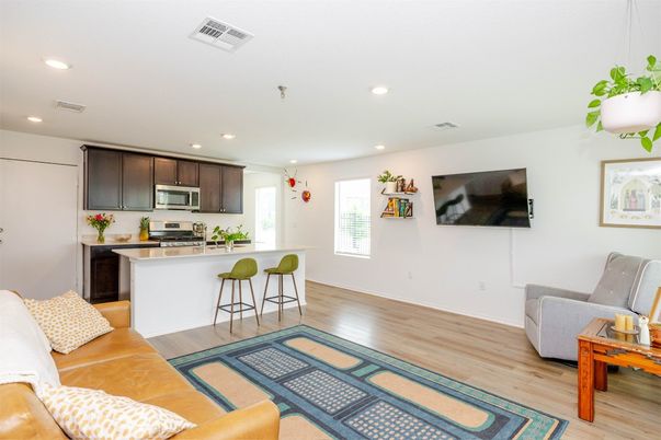 Interior, Kitchen, Living room, Recessed Lighting, Stainless Steel Appliances, Wood Texture Flooring
