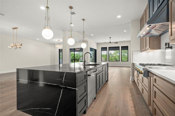 Interior, Kitchen, Pendant Lights, Recessed Lighting, Stainless Steel Appliances, Wood Texture Flooring