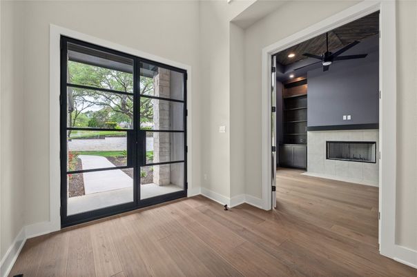 Empty room, Fireplace, Interior, Recessed Lighting, Wood Texture Flooring