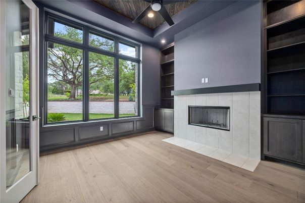 Empty room, Fireplace, Interior, Recessed Lighting, Wood Texture Flooring