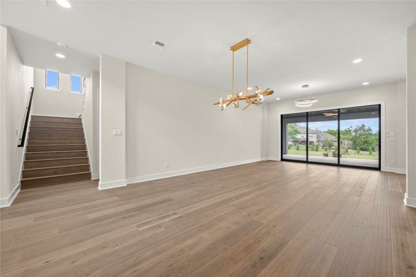 Empty room, Interior, Pendant Lights, Recessed Lighting, Wood Texture Flooring