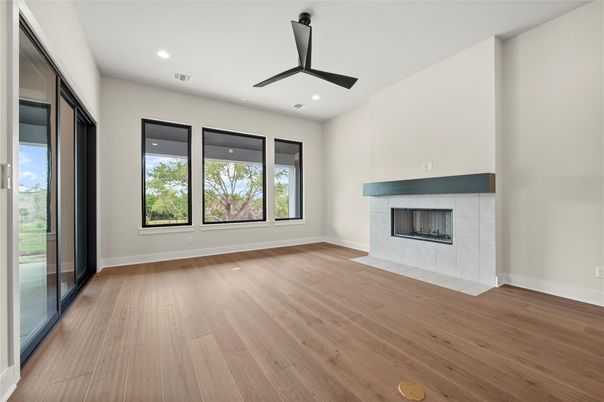 Empty room, Fireplace, Interior, Recessed Lighting, Wood Texture Flooring
