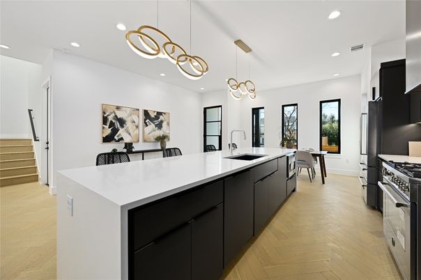 Interior, Kitchen, Pendant Lights, Recessed Lighting, Stainless Steel Appliances, Wood Texture Flooring