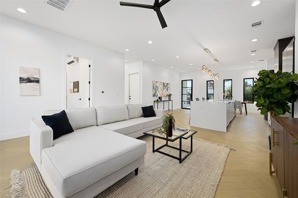 Dining room, Interior, Living room, Pendant Lights, Recessed Lighting, Wood Texture Flooring