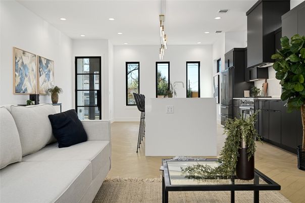 Interior, Kitchen, Pendant Lights, Recessed Lighting, Wood Texture Flooring