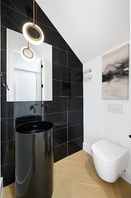 Bathroom, Interior, Pendant Lights, Wood Texture Flooring