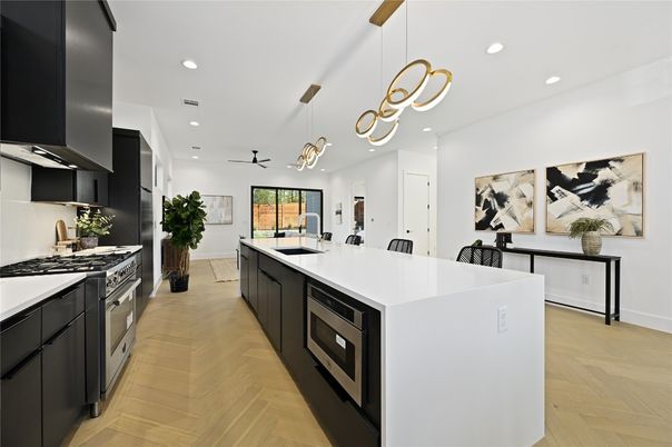 Interior, Kitchen, Pendant Lights, Recessed Lighting, Stainless Steel Appliances, Wood Texture Flooring