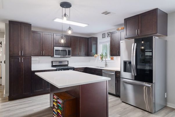 Interior, Kitchen, Pendant Lights, Stainless Steel Appliances, Wood Texture Flooring