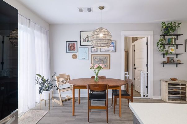 Dining room, Interior, Pendant Lights, Wood Texture Flooring