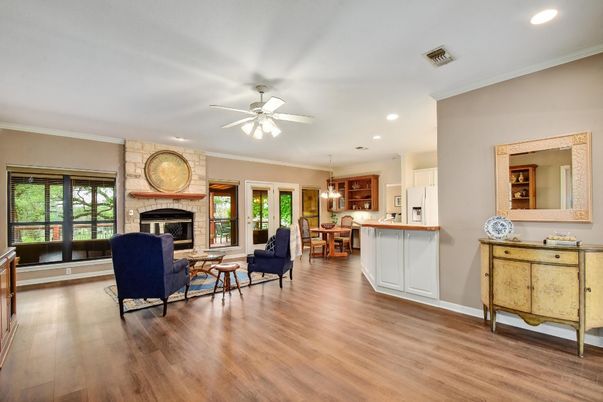 Dining room, Fireplace, Interior, Kitchen, Living room, Pendant Lights, Recessed Lighting, Stone Walls, Wood Texture Flooring