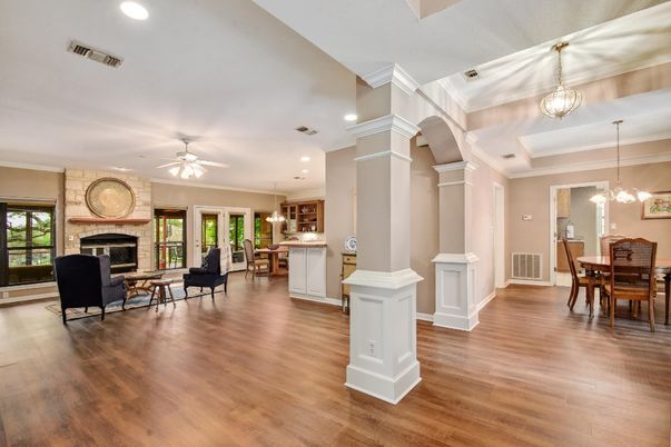 Dining room, Fireplace, Interior, Kitchen, Living room, Pendant Lights, Recessed Lighting, Wood Texture Flooring