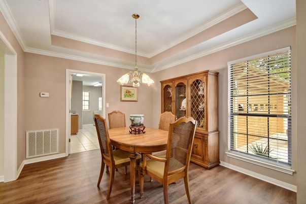 Dining room, Interior, Pendant Lights, Wood Texture Flooring