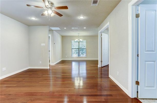 Chandelier, Empty room, Interior, Recessed Lighting, Wood Texture Flooring