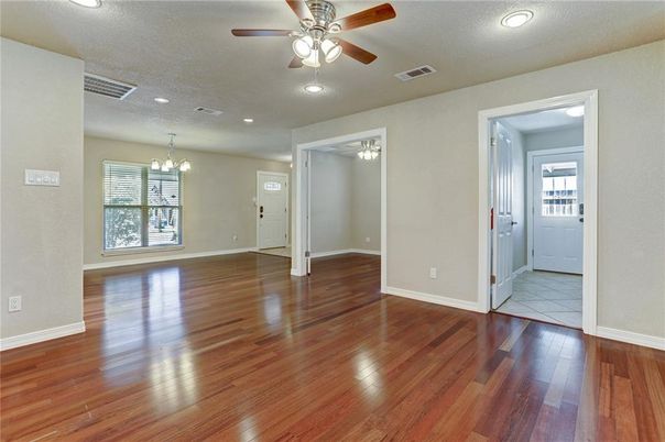 Chandelier, Empty room, Interior, Recessed Lighting, Wood Texture Flooring