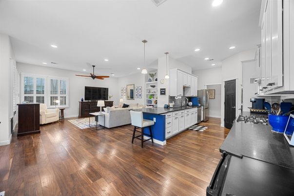 Dining room, Interior, Kitchen, Living room, Pendant Lights, Recessed Lighting, Wood Texture Flooring