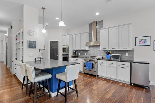 Interior, Kitchen, Pendant Lights, Recessed Lighting, Stainless Steel Appliances, Wood Texture Flooring