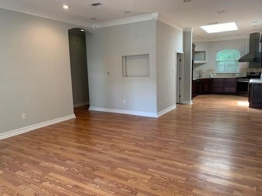 Empty room, Interior, Kitchen, Recessed Lighting, Wood Texture Flooring