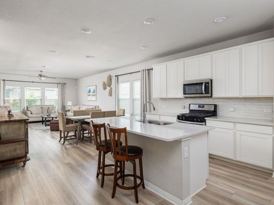 Dining room, Interior, Kitchen, Living room, Recessed Lighting, Wood Texture Flooring