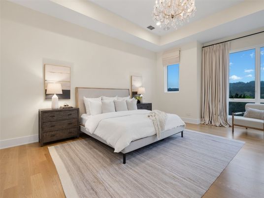 Bedroom, Chandelier, Interior, Wood Texture Flooring