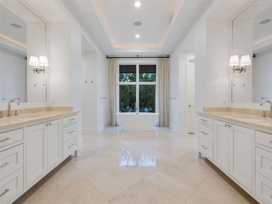 Bathroom, Dual Sink Vanities, Free Standing Baths, Interior, Recessed Lighting