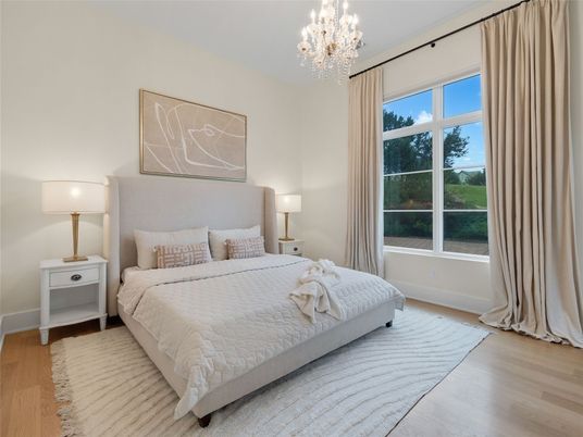 Bedroom, Chandelier, Interior, Wood Texture Flooring