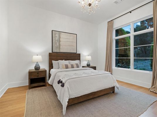 Bedroom, Chandelier, Interior, Wood Texture Flooring
