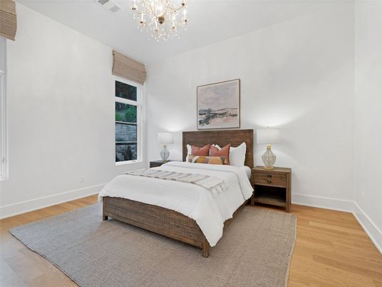 Bedroom, Chandelier, Interior, Wood Texture Flooring