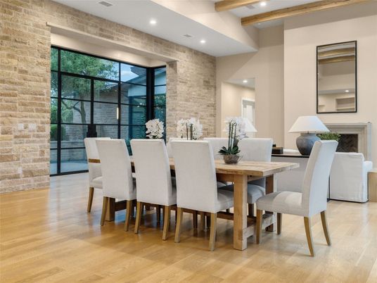 Dining room, Interior, Recessed Lighting, Stone Walls, Wooden Beams, Wood Texture Flooring
